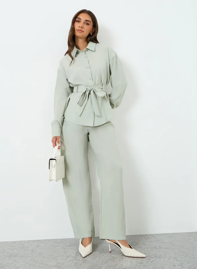 Styli  Women Tie-Belt Shirt and Pants Co-Ords for Women | Best Price UAE